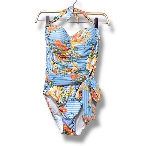 Jets by Jessika Allen Floral Halter Wrap Blue Orange One Piece Swimsuit Size 6 - Picture 1 of 7